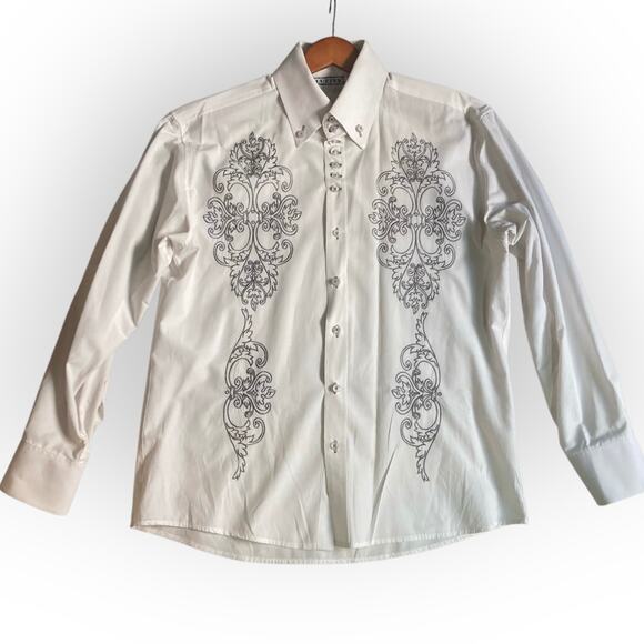 Embroidered white button-down shirt, mens large long sleeve pointed collar shirt - Picture 1 of 8